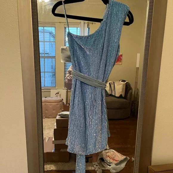Retrofete One-Shoulder Light Blue Sequin Mini Dress